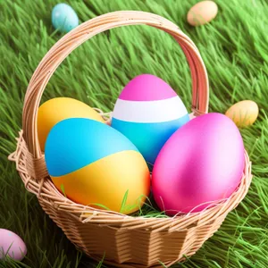 Colorful Easter Eggs in a Wicker Basket