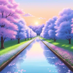 Vibrant countryside meadow under a colorful sky.