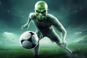 Soccer player with ball on celestial body.