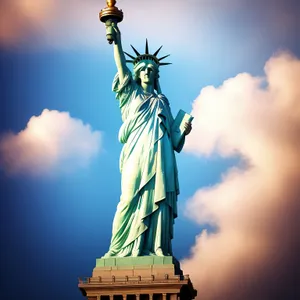 Monumental Statue of Liberty overlooking historic city skyline.