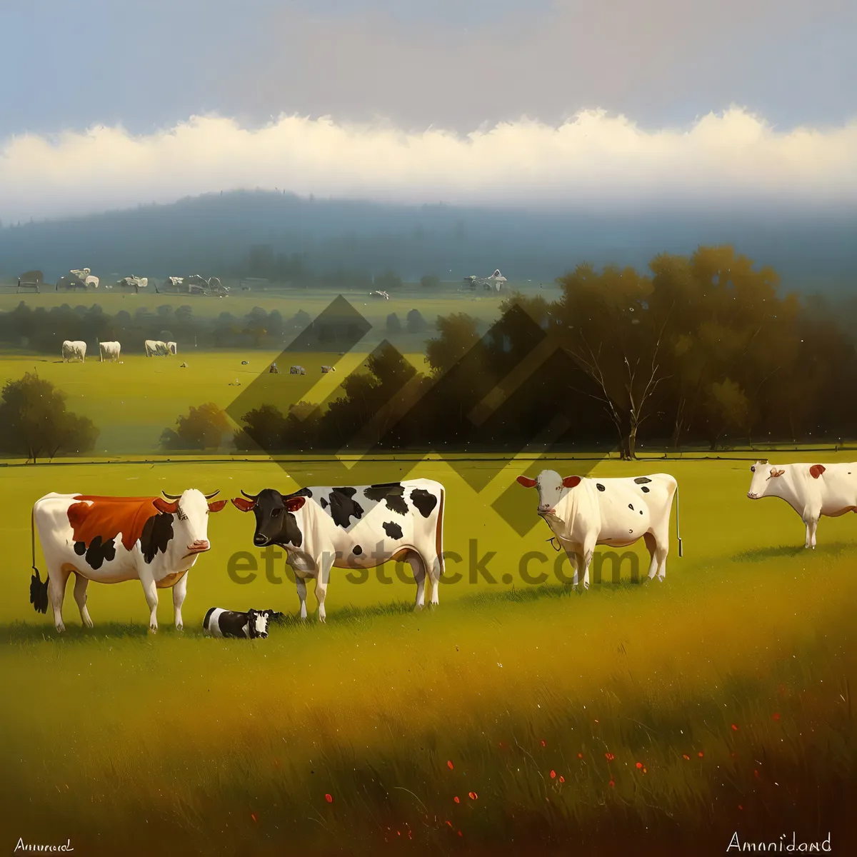 Picture of Serene Countryside Meadow - Grazing Cows on Farmland