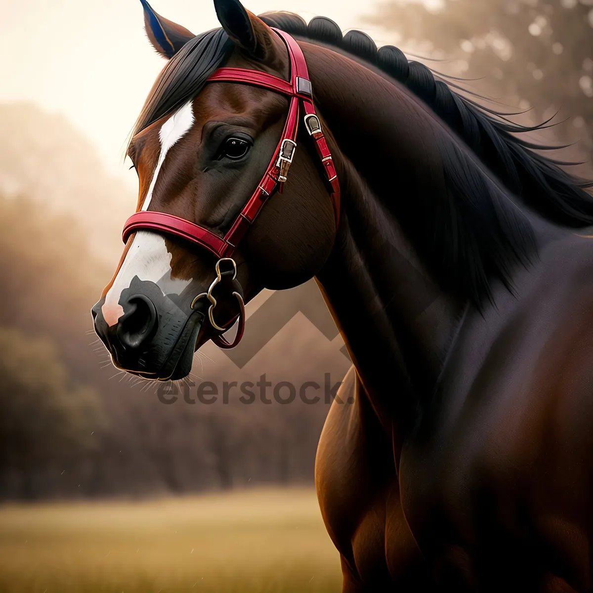 Picture of Majestic thoroughbred stallion adorned in brown bridle.