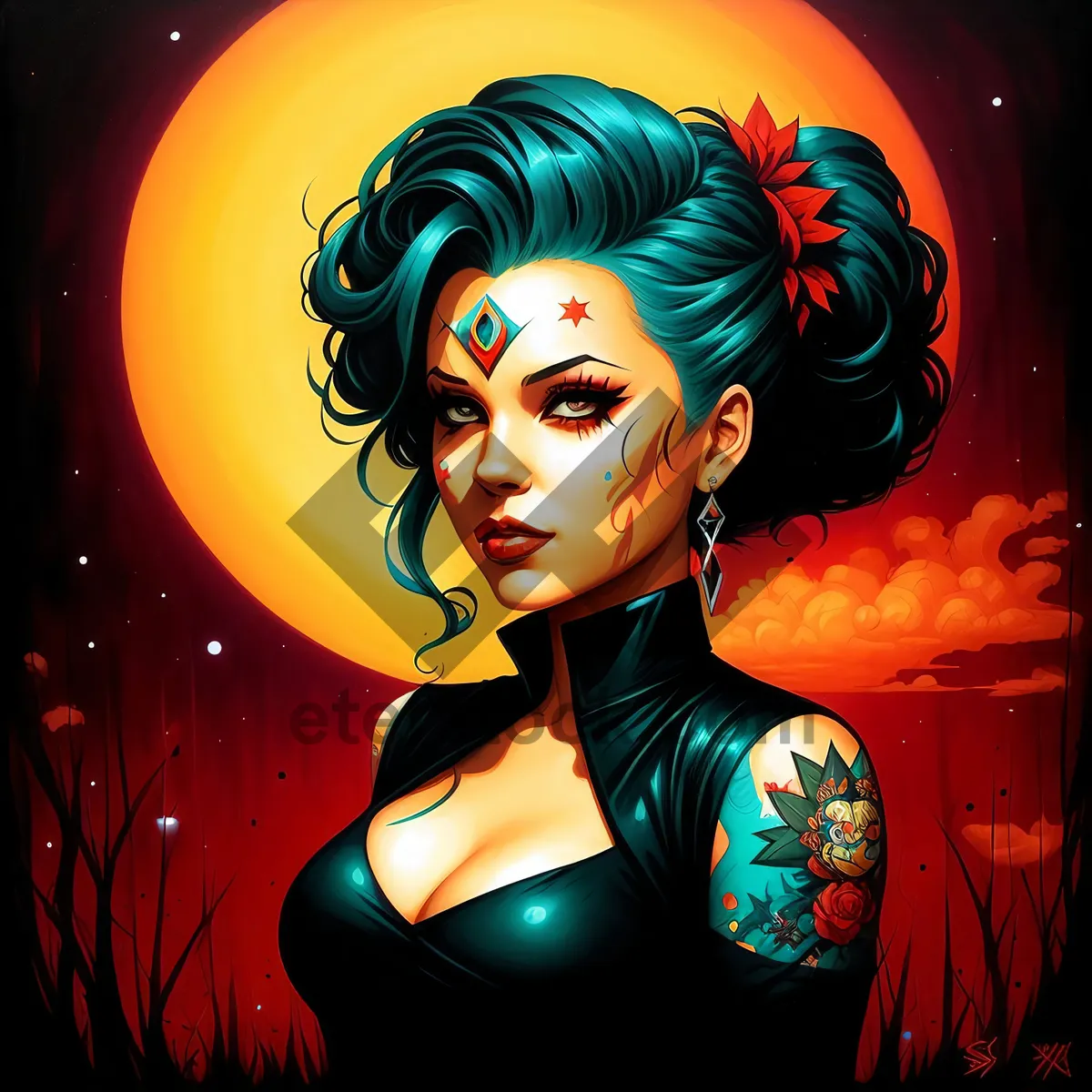 Picture of Eerie Cemetery Cartoon: Sexy Amulet-Clad DJ