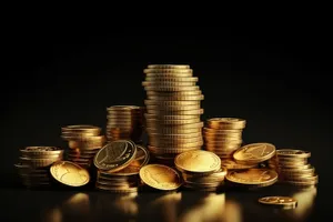 Golden financial success stack of coins and currency