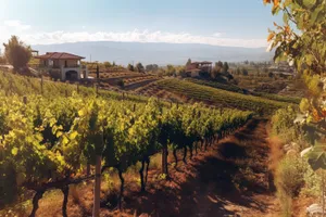 Colorful Autumn Landscape with Fruit Trees and Vineyard