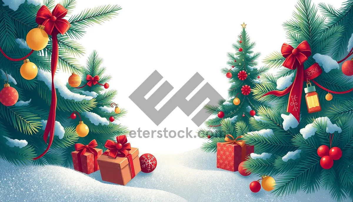 Picture of Festive Evergreen Tree with Gold Ornaments and Ribbon