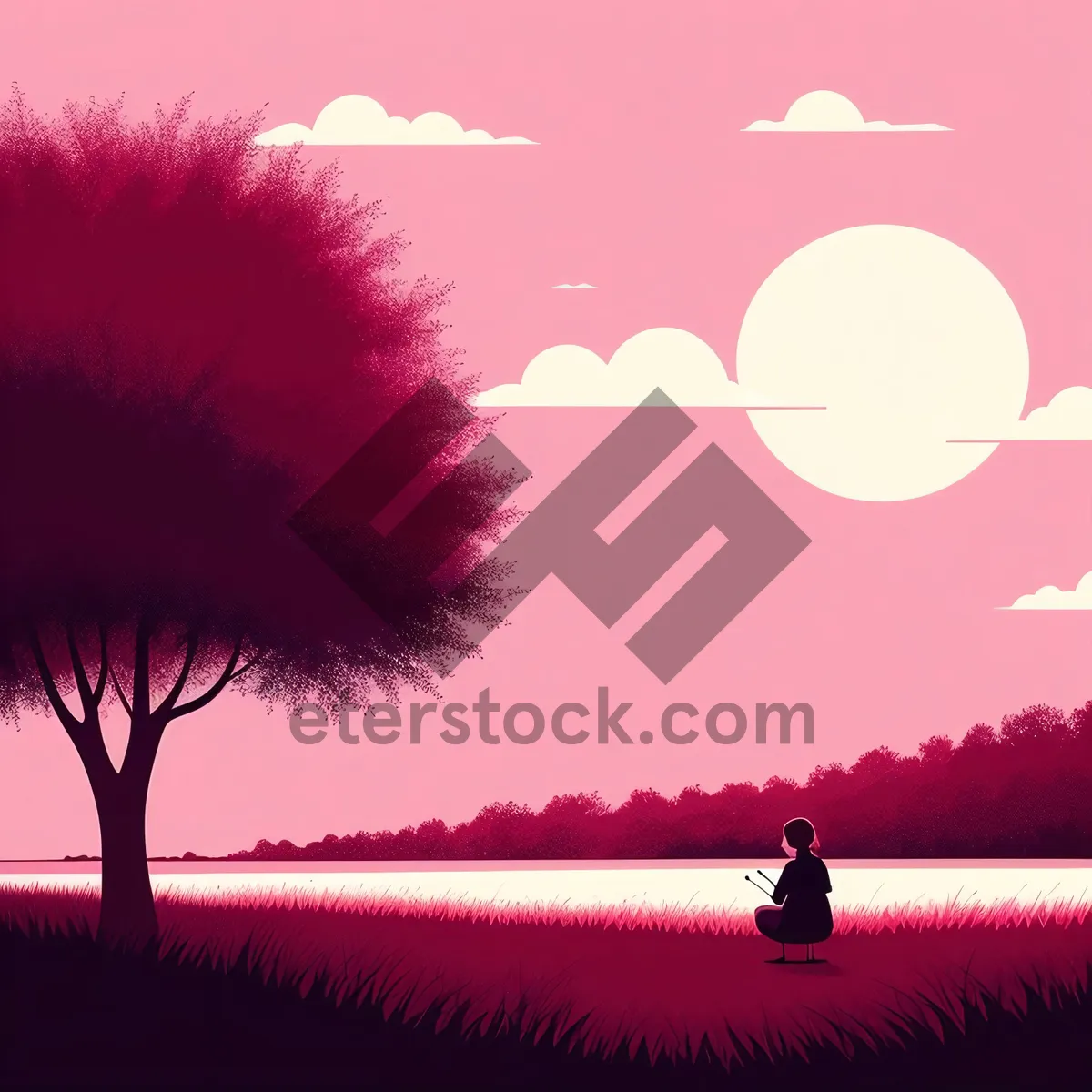 Picture of Vibrant Sunset Silhouette over Grassland