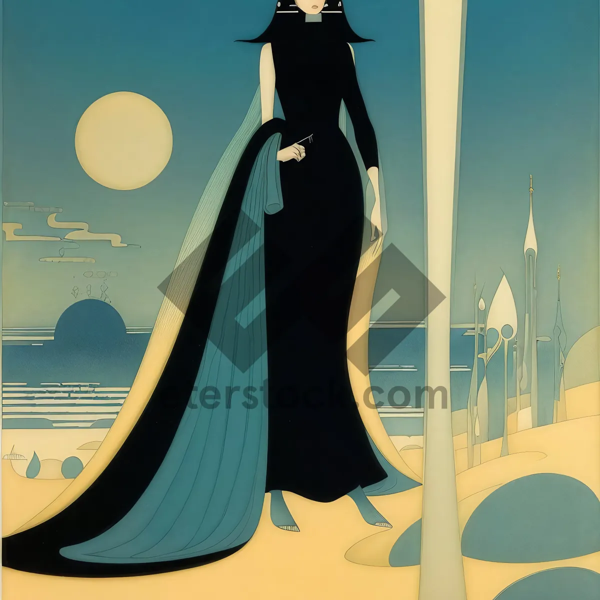 Picture of Elegant Bride's Romantic Silhouette Art in Cartoon Style.