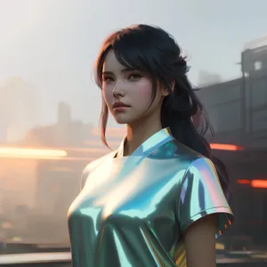 Beautiful brunette model in kimono smiling happily