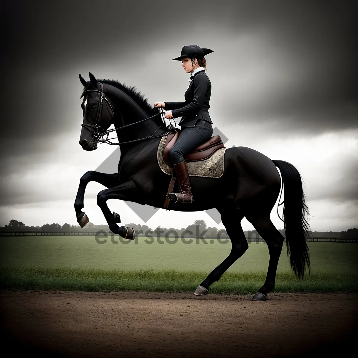 Picture of Galloping Skyward: Silhouetted Equestrian Rider Soaring above a Stallion