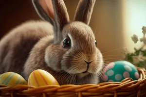 Fluffy brown bunny close-up sitting in a studio