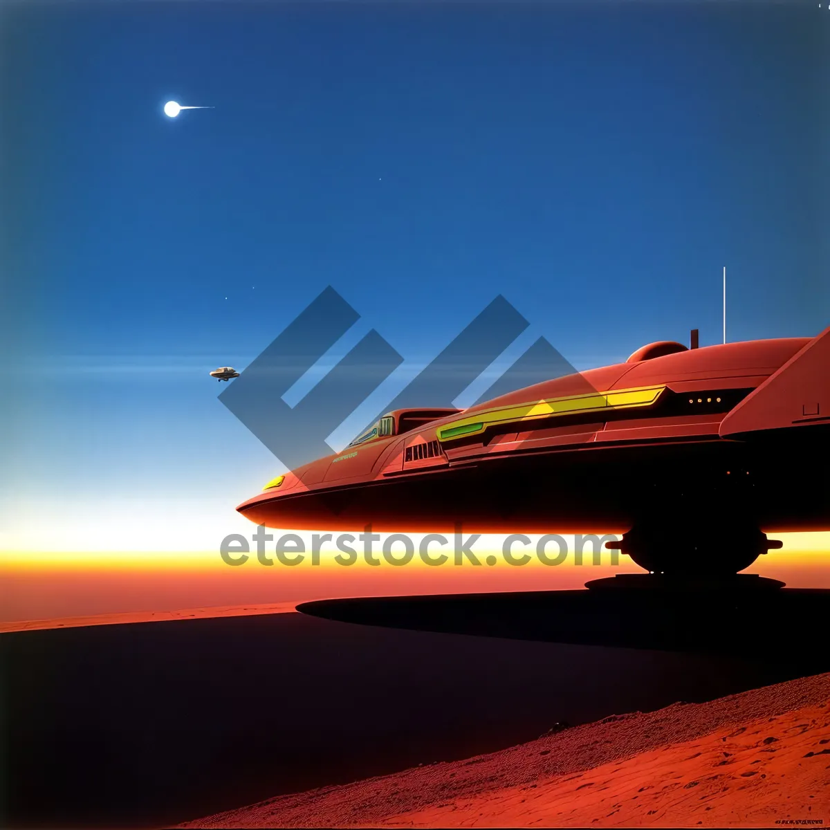 Picture of Dusk Horizon: Beachside Jet Soaring through Vibrant Sunset