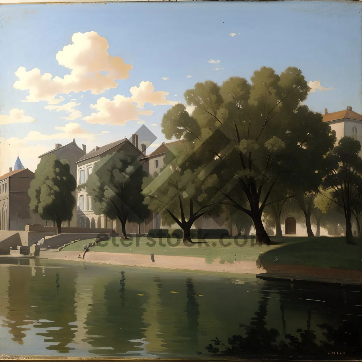 Picture of Summer Lake with Building and Trees in Sky