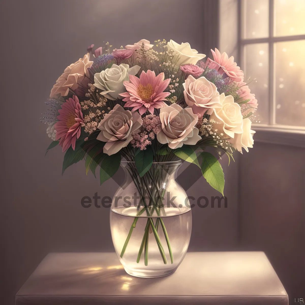 Picture of Elegant Pink Rose Vase Arrangement for Wedding Décor