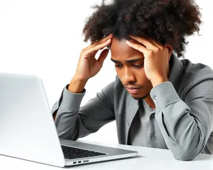 Confident businesswoman working on laptop in modern office.