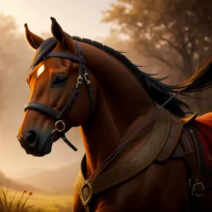 Thoroughbred stallion in equestrian gear standing in the field