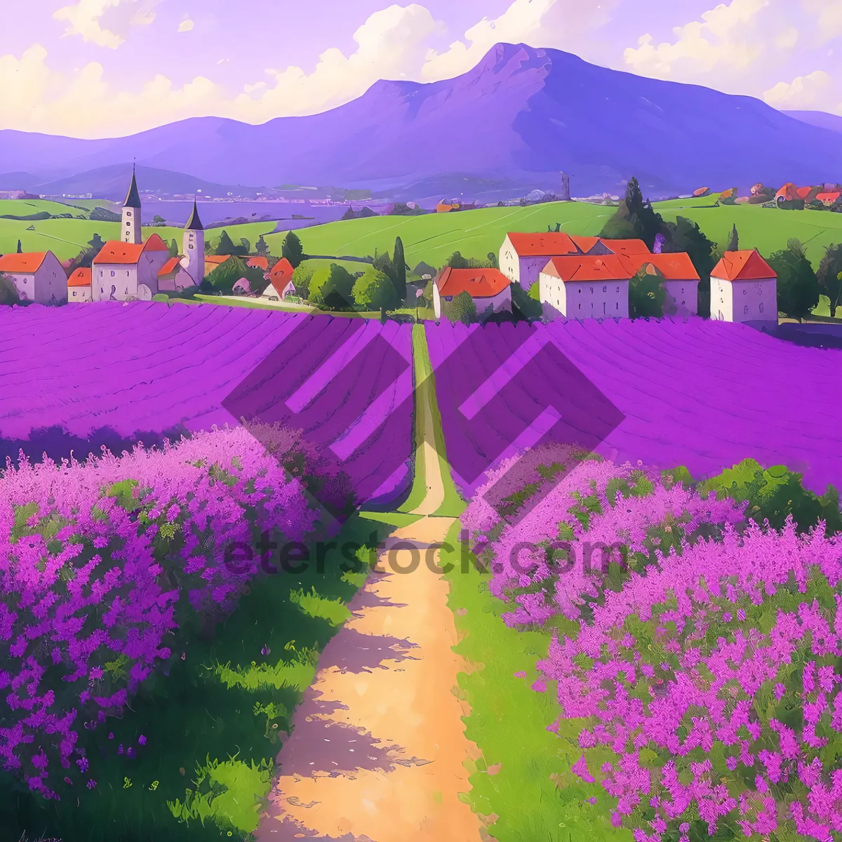 Picture of Blooming Tulips in Lavender Meadow Under Sunny Sky