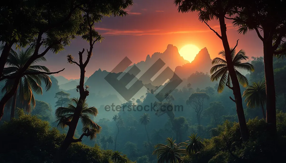 Picture of Silhouette of palm trees at sunset on tropical island beach