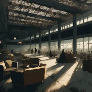 Modern interior design of a restaurant hall with chairs and tables.