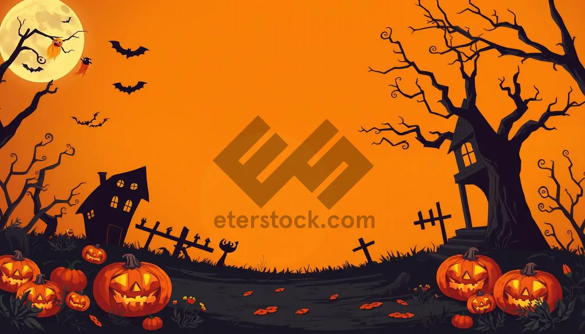 Picture of Silhouette of pumpkin tree under orange moon at cemetery