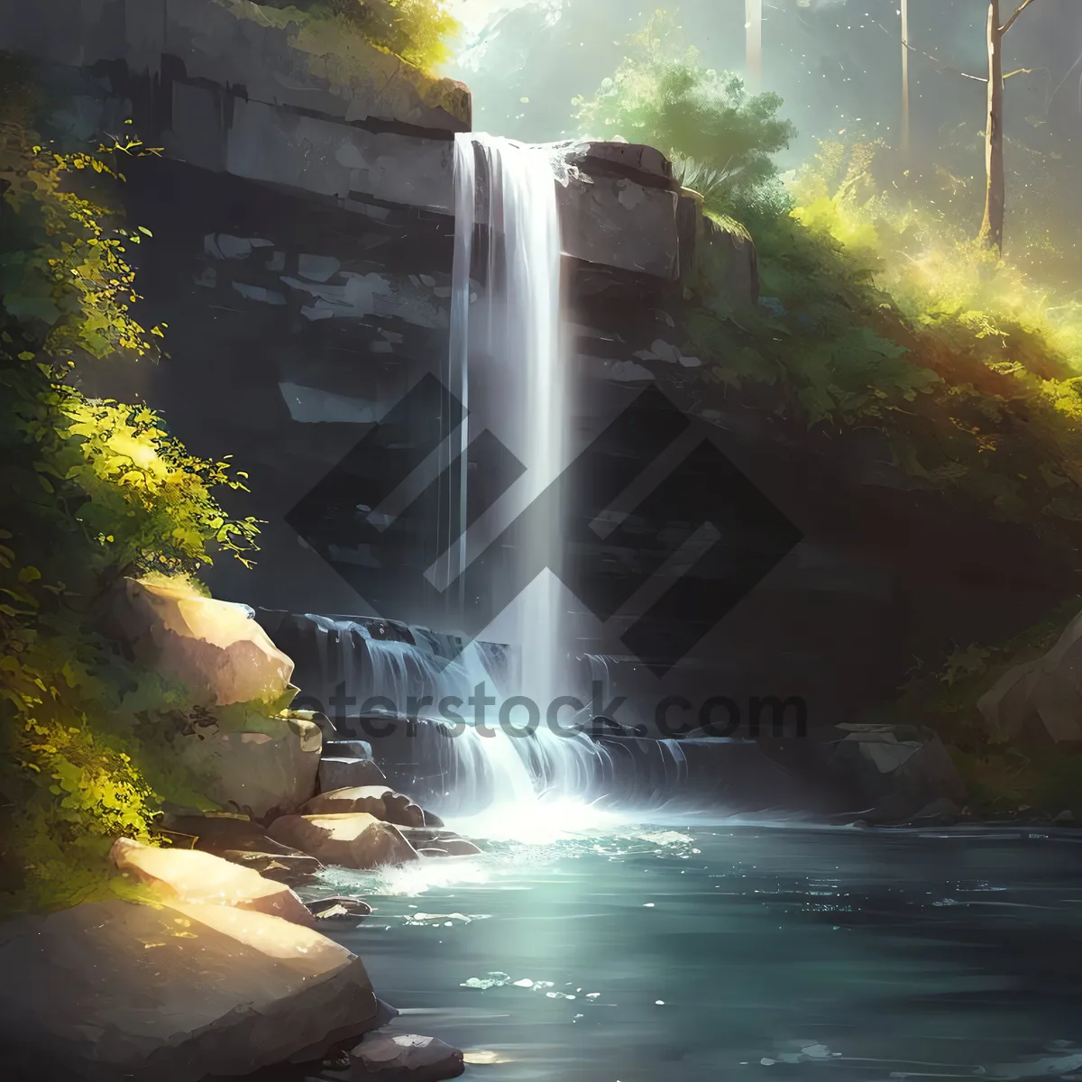 Picture of Serene Waterfall Flowing Through Lush Forest