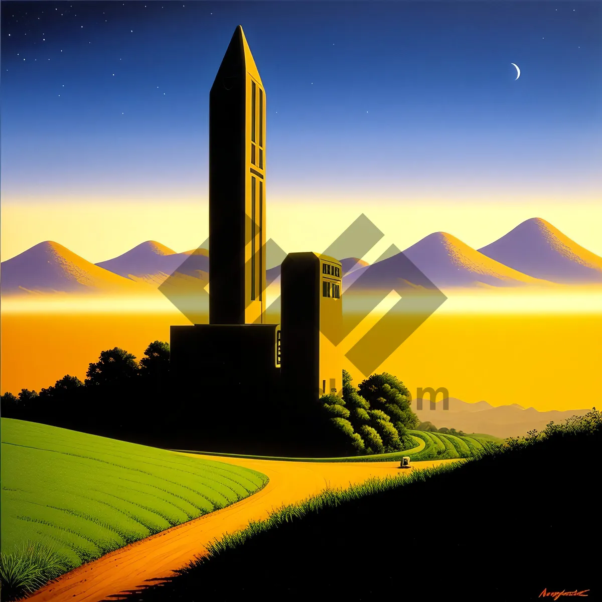 Picture of Sunset Over Rural Meadow with Cactus and Obelisk