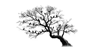 Seasonal Oak Tree Silhouette in Forest Landscape.