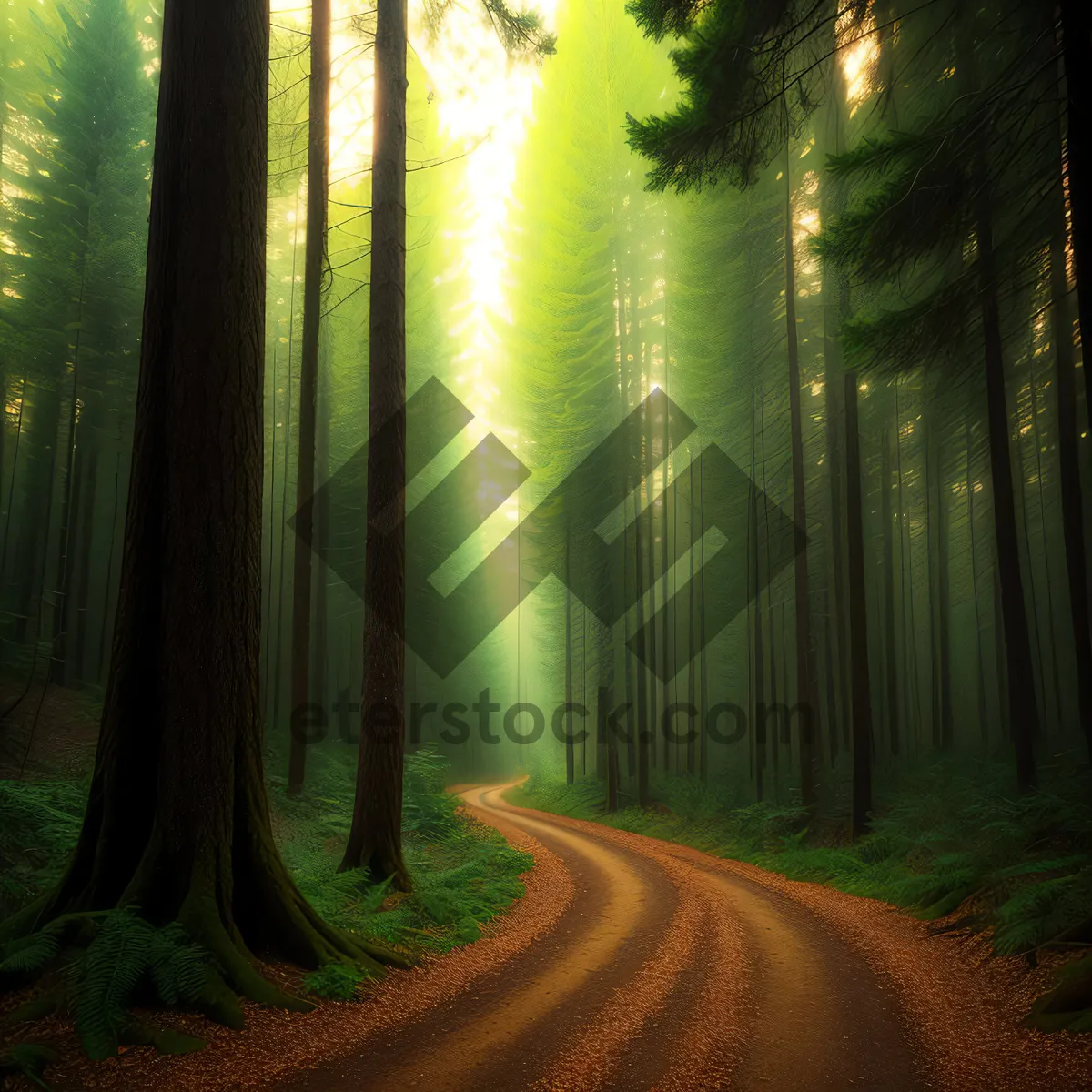 Picture of Misty Morning Serenity: Forest Path through Sunlit Woods