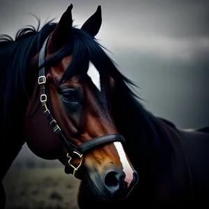 Thoroughbred Stallion With Bridle and Headgear