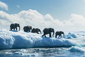 Arctic landscape with icebergs and snowy mountains.