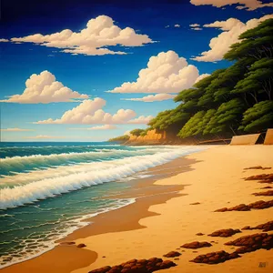 Serene Beachscape: Azure Waters and Palm-Fringed Sands