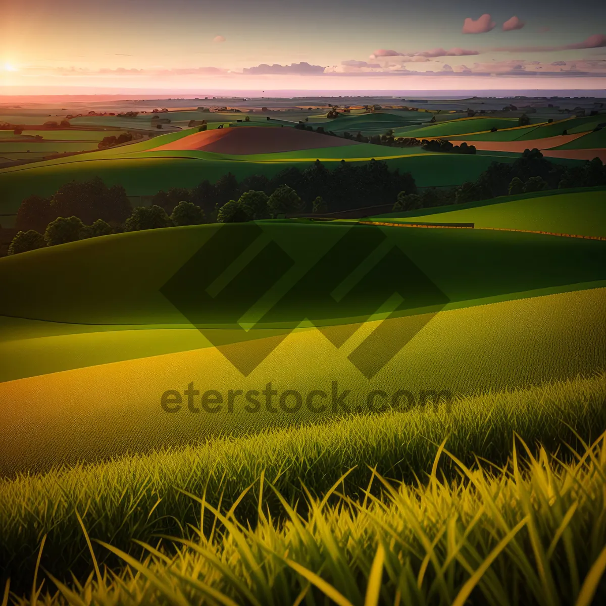 Picture of Vibrant Countryside Sunset Over Rolling Wheat Fields