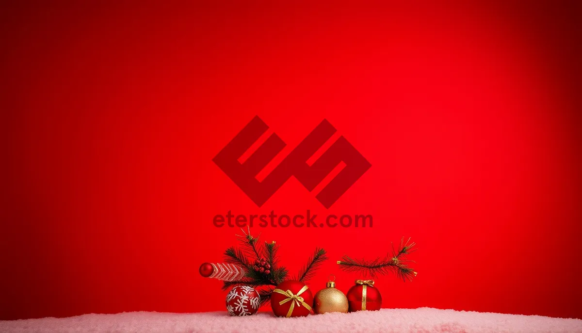 Picture of Festive gold ornaments on winter pine tree branch
