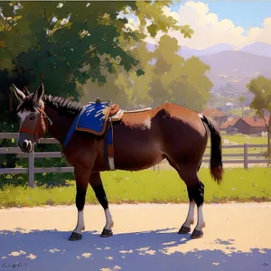 Brown Thoroughbred Stallion Grazing in Rural Meadow