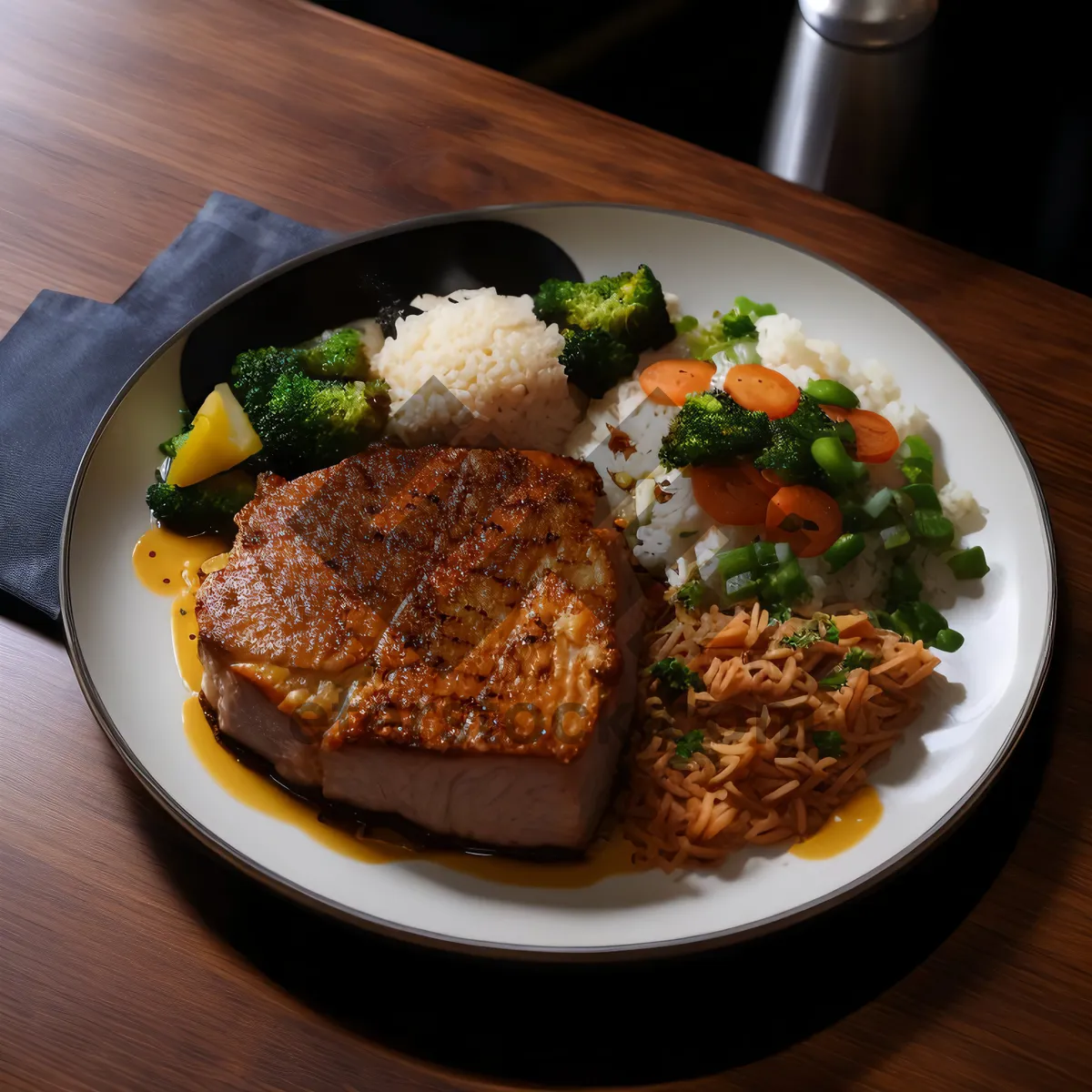 Picture of Delicious gourmet steak with roasted vegetables and sauce.