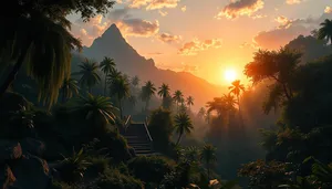 Tropical Sunset on Beach with Palm Trees and Silhouette