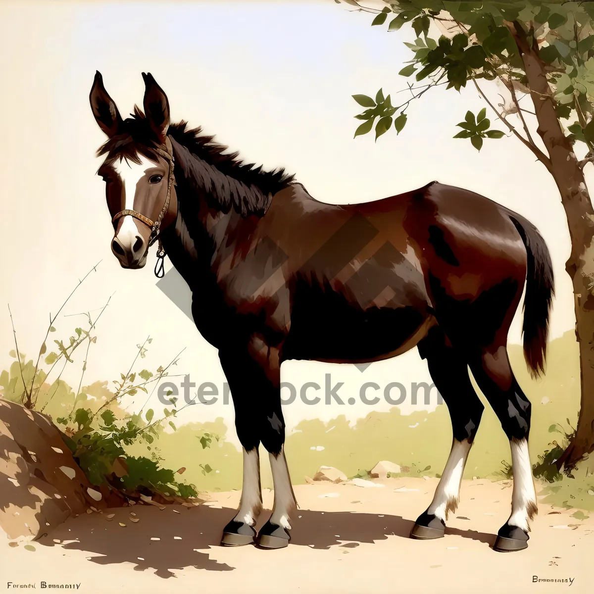 Picture of Majestic Thoroughbred Stallion Galloping in Pasture.