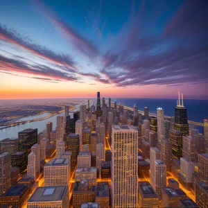 City Lights at Dusk: Urban Skyline Reflection