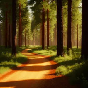 Serene Forest Path with Sunlit Trees