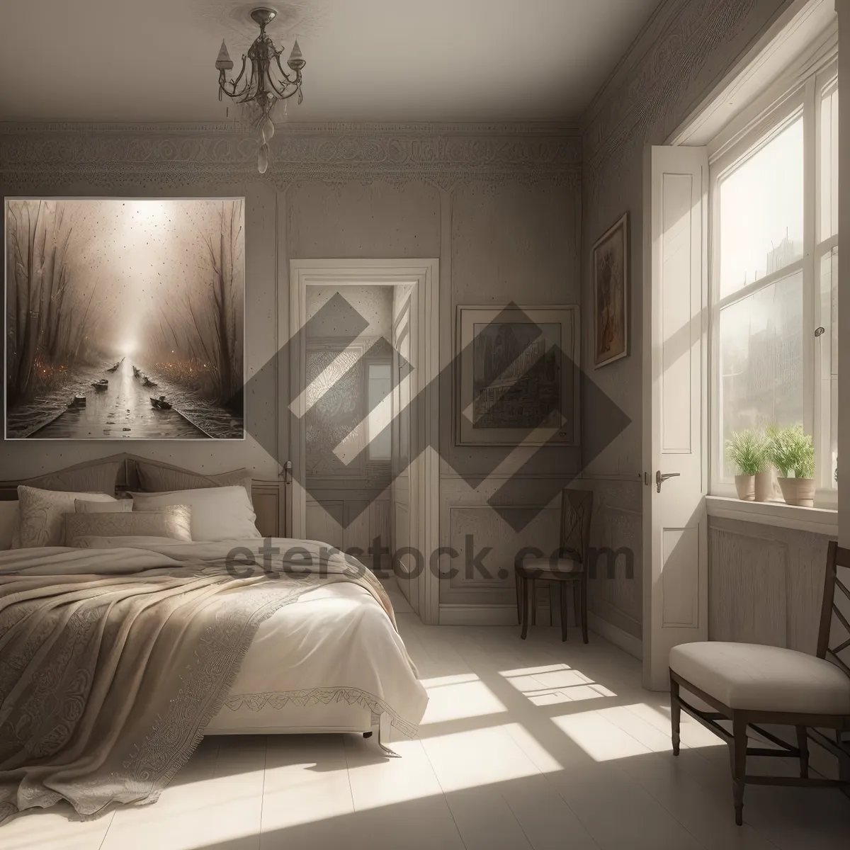 Picture of Modern Bedroom Interior with Luxurious Furniture and Soft Lighting
