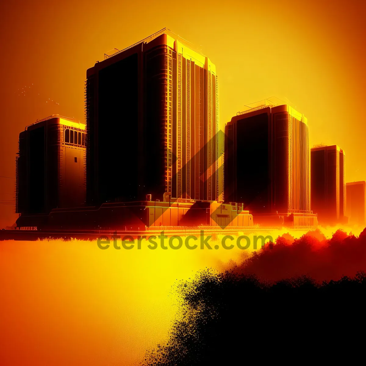 Picture of Nighttime city skyline with modern office buildings reflecting in river