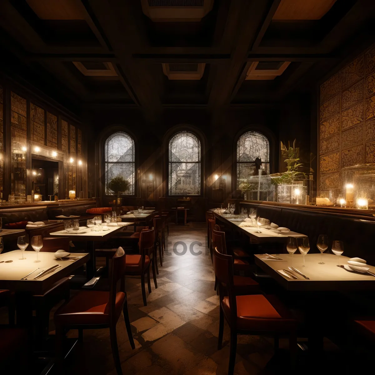 Picture of Modern restaurant interior design with wooden furniture and table counter.