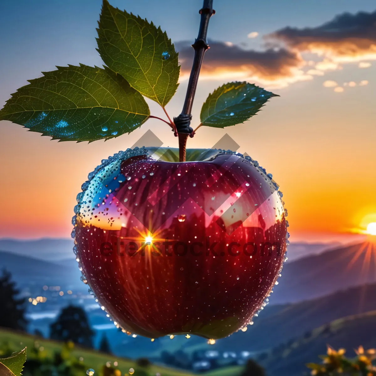 Picture of Fresh and Juicy Red Cherry Fruit on Leaf