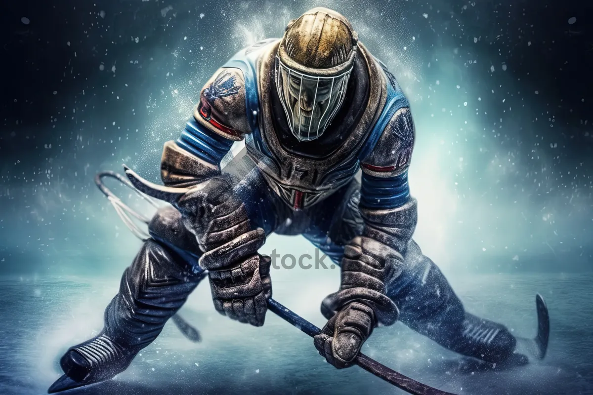 Picture of Male soldier with helmet on ski ice.