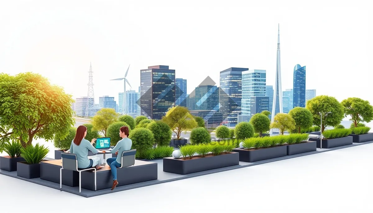 Picture of Modern office tower in city skyline overlooking river.