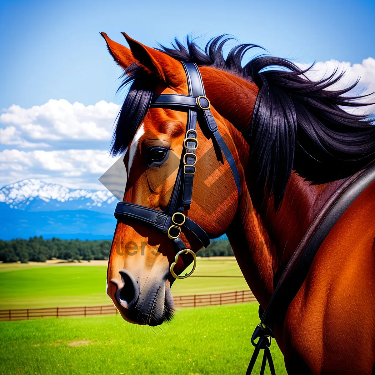 Picture of Thoroughbred Stallion Grazing in Rural Meadow