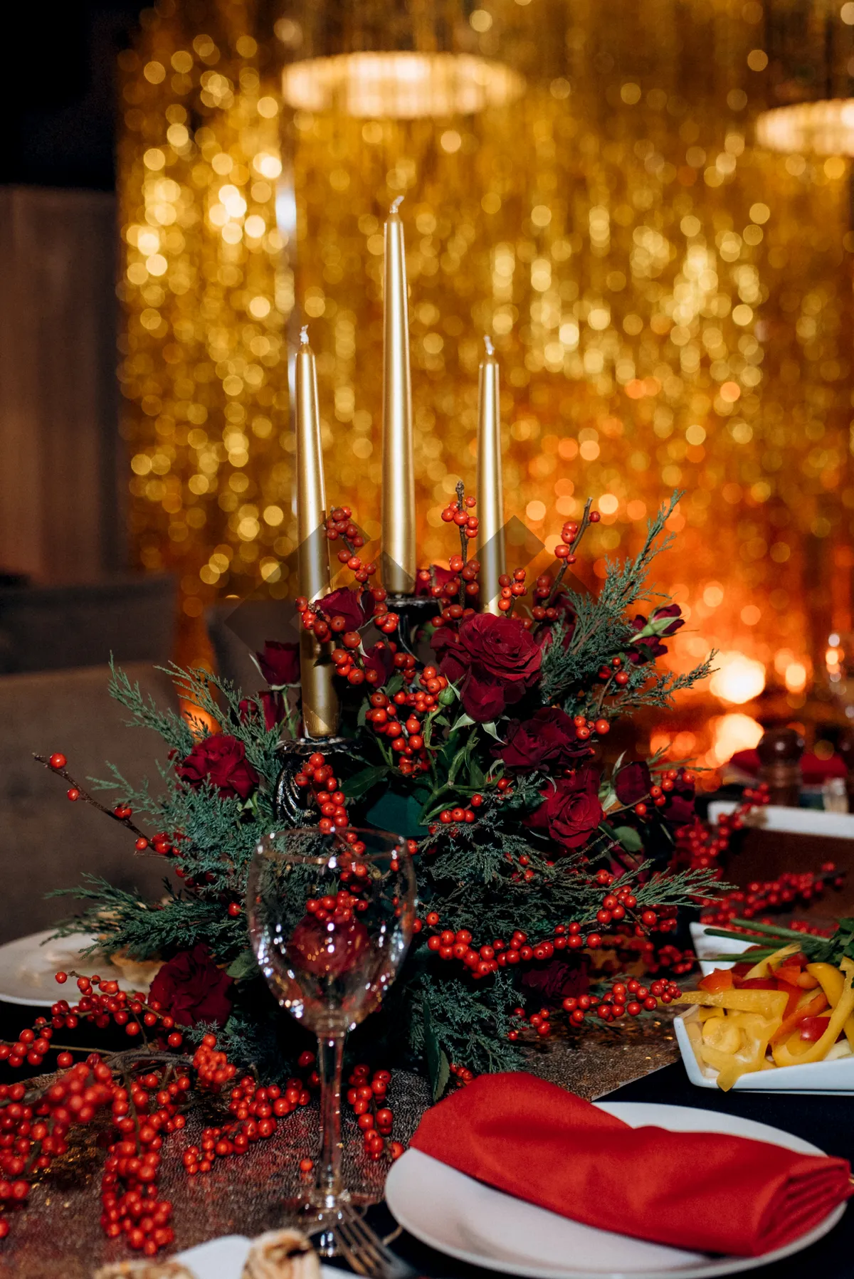 Picture of Festive Holiday Table Decoration with Glass Candle Holders