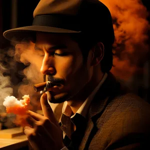 Attractive person in black cowboy hat smoking cigarette portrait