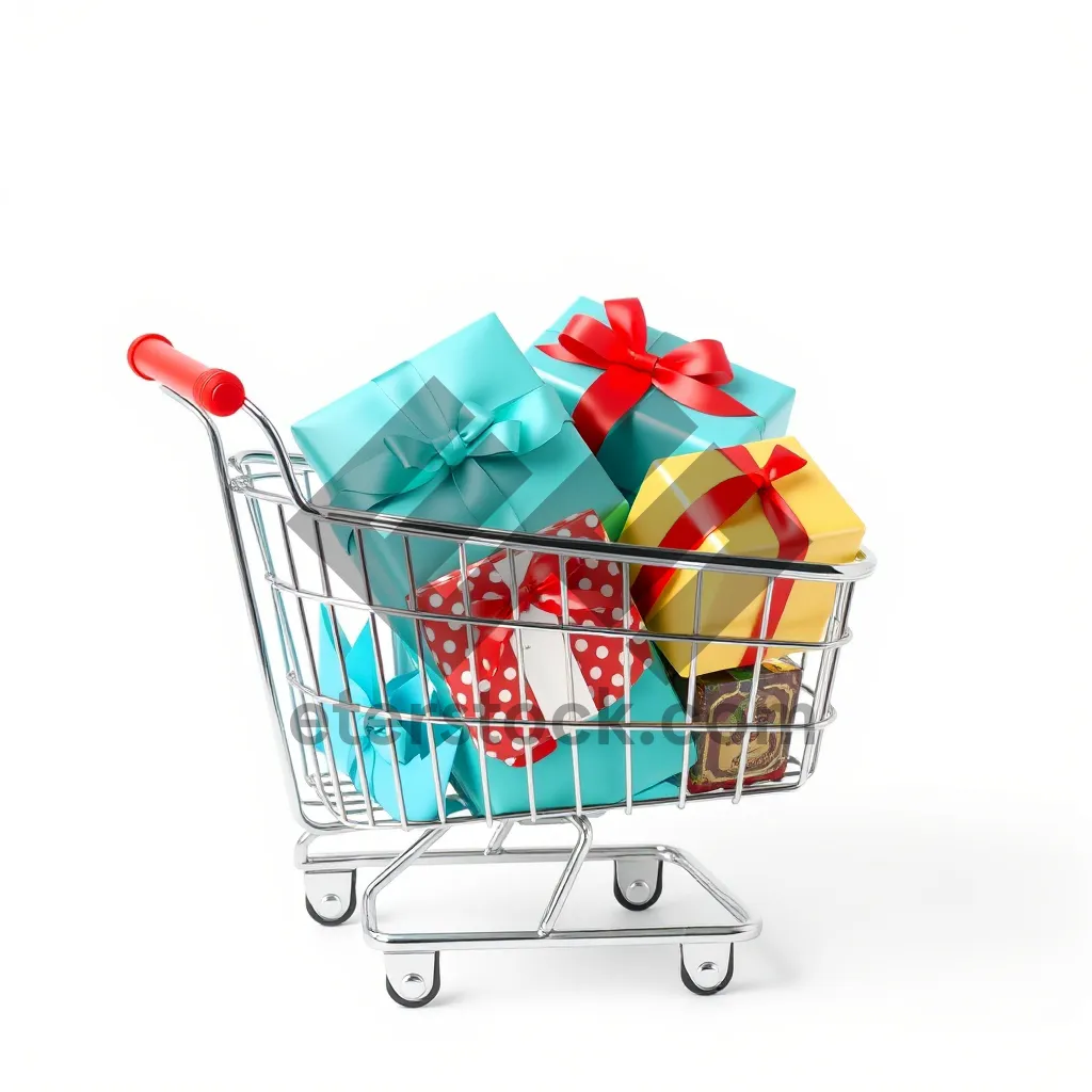 Picture of Metal Shopping Cart at Empty Supermarket Aisle