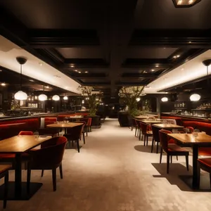 Modern cafeteria interior with empty chairs and tables